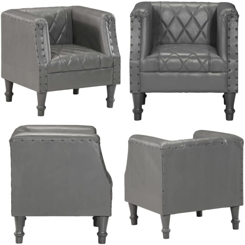 Chaise cabriolet Gris Cuir véritable de chèvre - Fauteuil En Cuir - Fauteuil Vintage - Fauteuil Confortable - Chaise Capitonné - Décoration