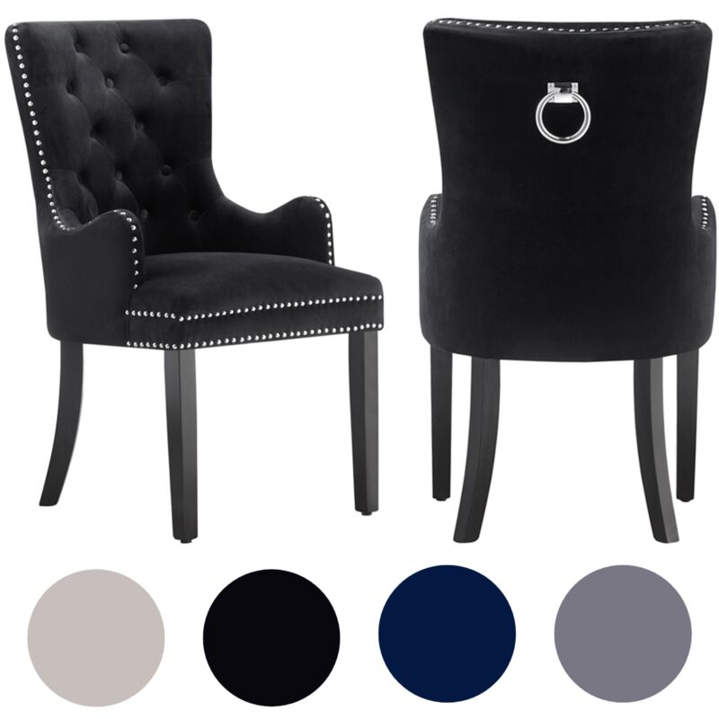 Lot de 2 chaises de salle à manger Windsor lux en velours avec accoudoirs pour cuisine et salle à manger - Noir
