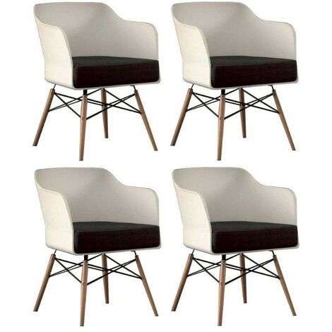 Chaise coque blanche et hêtre massif coussin anthracite Kinoa- Lot de 4