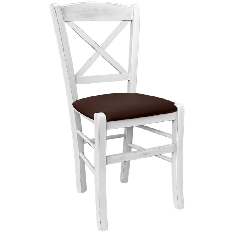 Okaffarefatto - Chaise country en bois avec croix blanche antique avec assise en simili-cuir marron