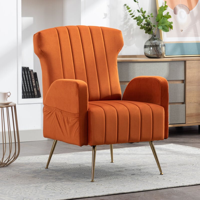 Fauteuil en velours Fauteuil rembourré avec pieds dorés métallisés, pour salon, chambre à coucher, bureau, orange