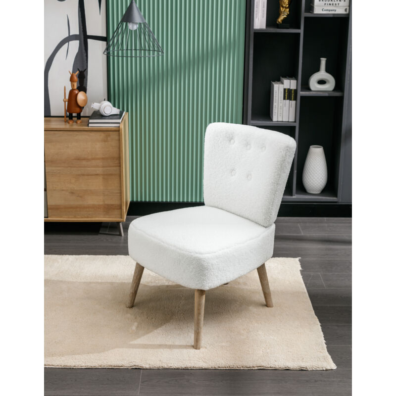 Fauteuil d'appoint ergonomique, chaise blanche avec pieds réglables en bois, pour salon, chambre, maison, en tissu Teddy, 57x66x75 cm