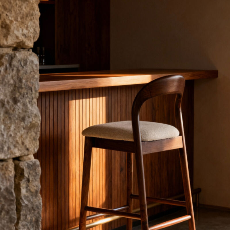 Chaise de bar design scandinave en bois massif noyer, assise rembourrée en tissu, pour cuisine, bar