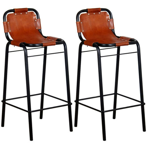 Chaise de bar cuir véritable marron et métal noir Sopra - Lot de 2