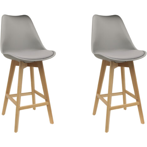 Chaise De Bar Grise Pieds Bois - Lot De 2
