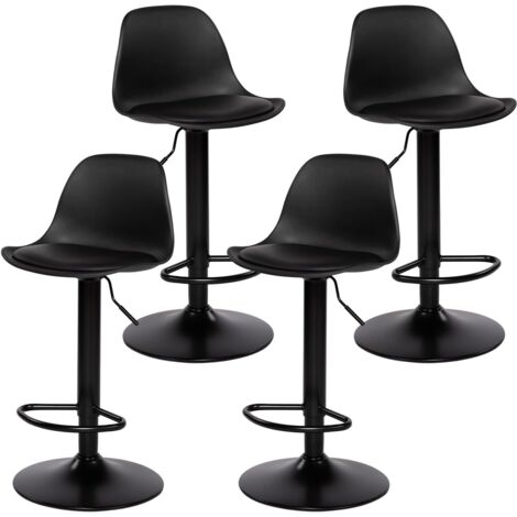 Chaise de Bar Lot de 4, Chaise Haute Cuisine Tabouret Bar Réglable en Hauteur avec Dossier et Repose-Pieds, Pivotant à 360°, Cuir Synthétique, Pour Ilot Central, Café, Salle à Manger, Comptoir, Noir