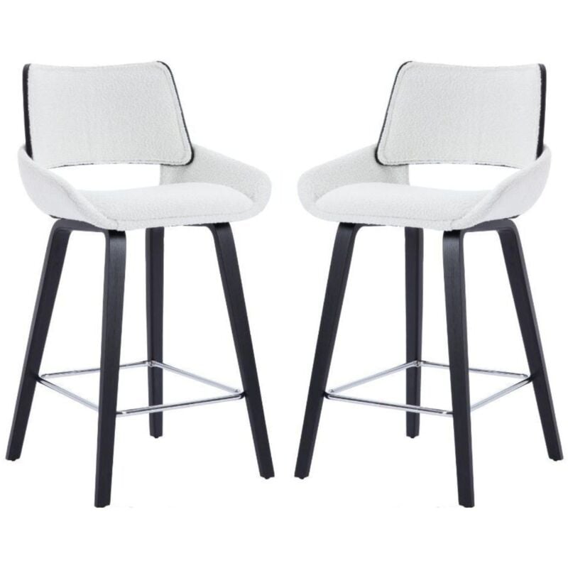Chaise de Bar Moderne Lot de 2 Chaise Bar en Tissu Bouclette Tabourets de Bar avec Pied Bois et Métal, Chaise Haute Cuisine Washon, Blanc