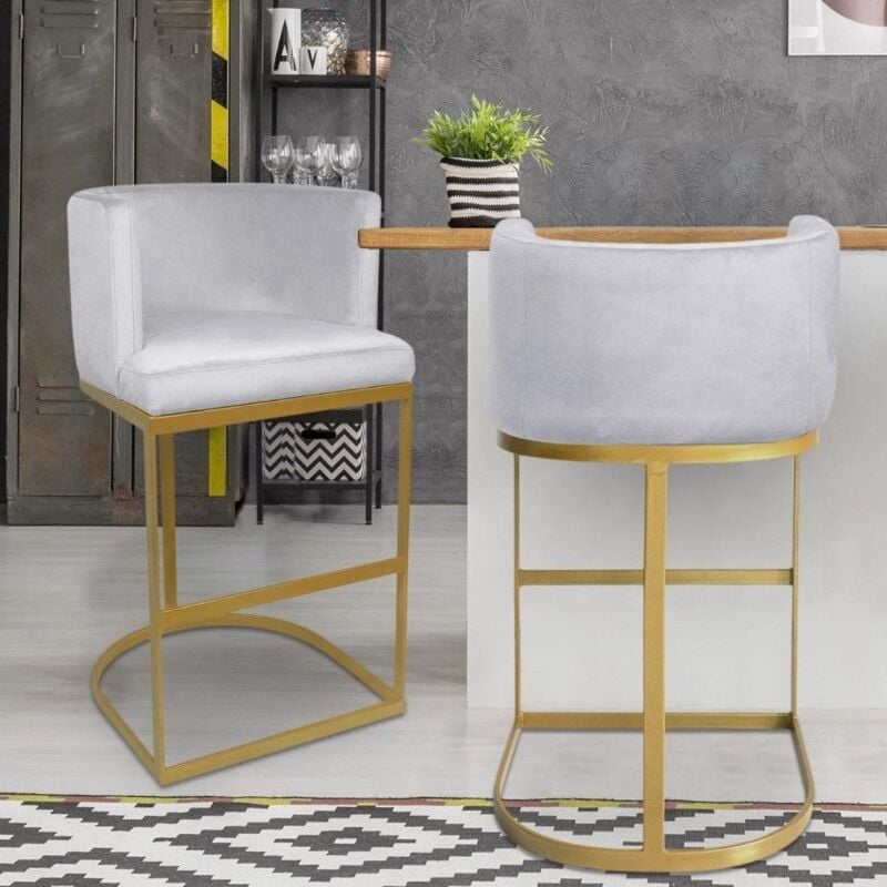 Cotecosy - Chaise de bar Noellie Velours Argent Pieds Or