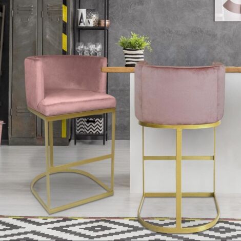 Chaise de bar Noellie Velours Rose Pieds Or - Rose