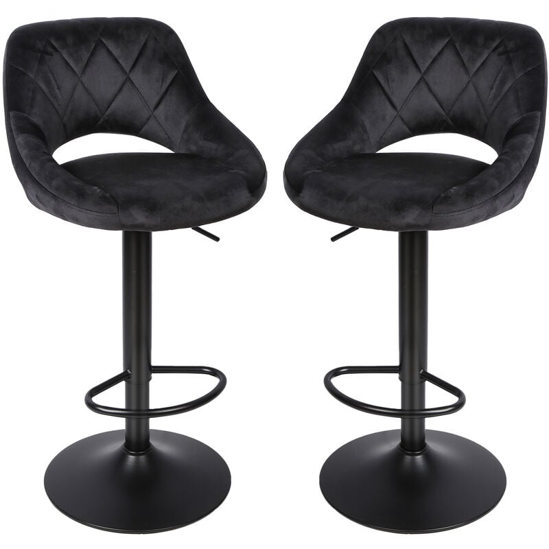 Lot de 2 Tabouret de Bar en Velours chaise de cuisine pivotante hauteur réglable avec dossier et repose-pieds noir