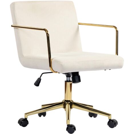 Chaise de bureau à roulettes avec détails dorés, chaise d'ordinateur avec piètement en métal, revêtement en tissu aspect velours, blanc crème