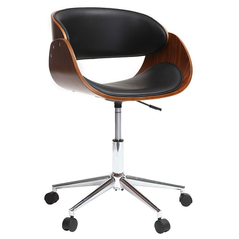 Chaise de bureau à roulettes design noir, bois foncé noyer et acier chromé bent