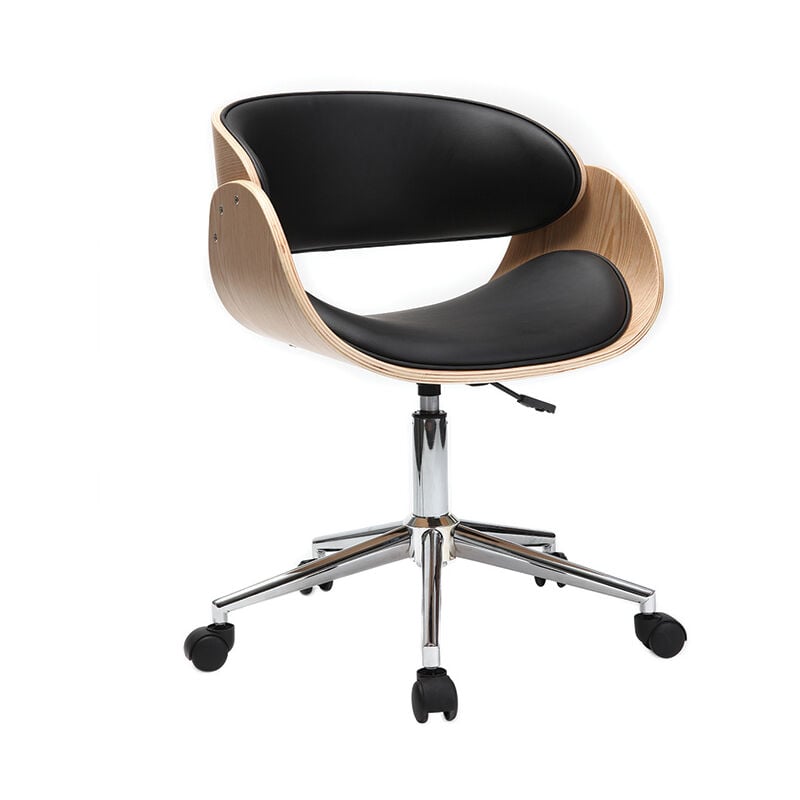 Miliboo - Chaise de bureau à roulettes design noir, bois clair et acier chromé bent