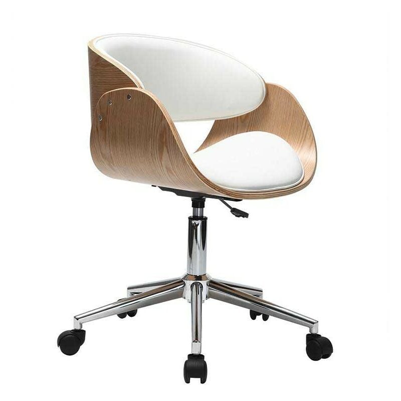 Miliboo - Chaise de bureau à roulettes design blanc, bois clair et acier chromé bent
