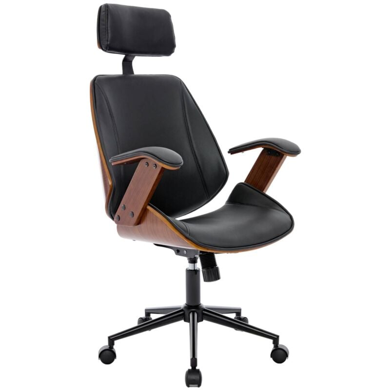 Chaise de bureau à roulettes décor bois courbé placage effet noyer et simili cuir noir