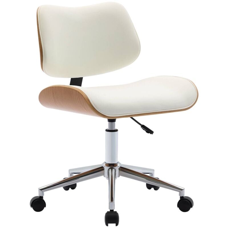 Sweeek - Chaise de bureau à roulettes décor bois courbé placage effet chêne et simili cuir blanc
