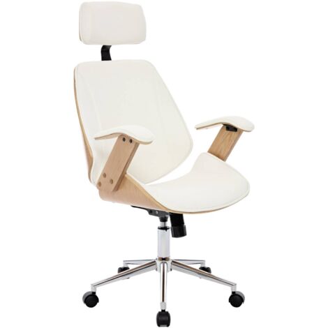 Chaise de bureau à roulettes décor bois courbé placage effet chêne et simili cuir blanc