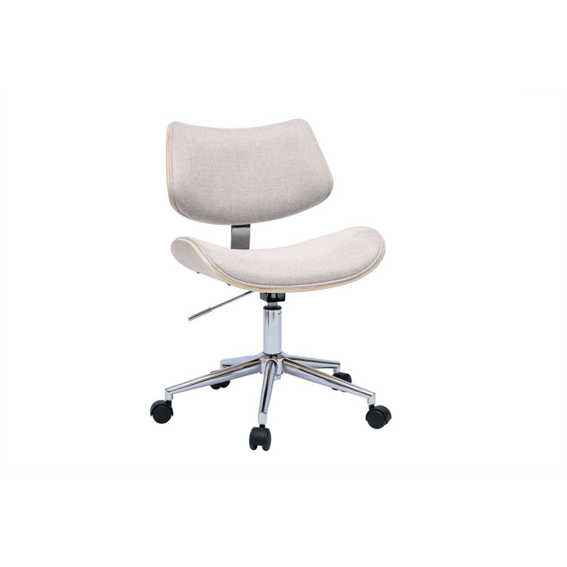 Chaise de bureau à roulettes design en tissu effet velours texturé beige, bois clair chêne et métal malmo