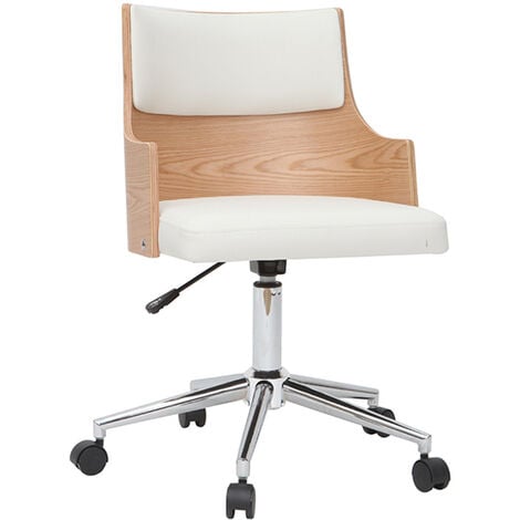 Chaise de bureau à roulettes design blanc, bois clair et acier chromé MAYOL