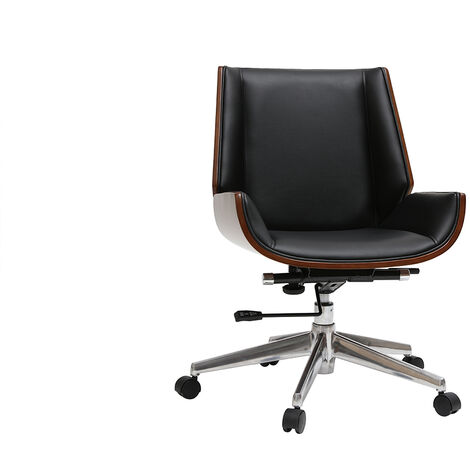 Chaise de bureau à roulettes design noir, bois foncé noyer et acier chromé CURVED