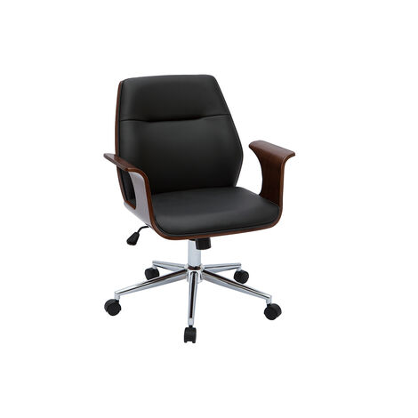 Chaise de bureau à roulettes design noir, bois foncé noyer et acier chromé RUFIN - Noyer / noir