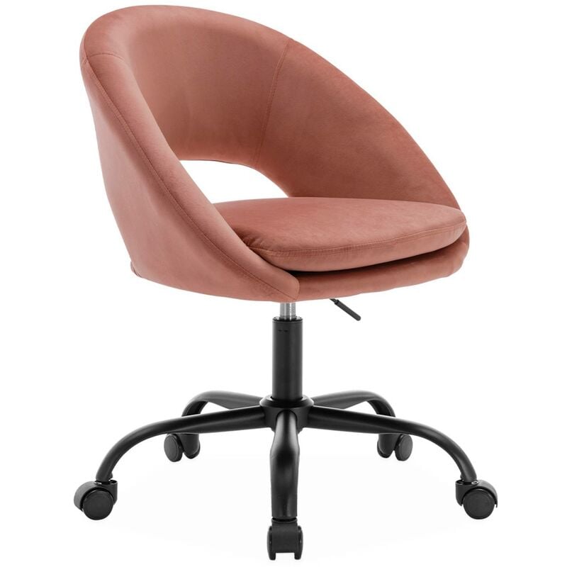 Chaise de bureau ronde à roulettes en velours vieux rose. Pam. L 59 x P 60 x H 79 / 89cm.
