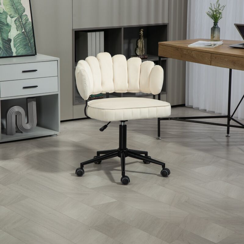 Chaise de bureau à Roulettes pivotantes à 360° – Velours, dossier tissé ouvert, Fauteuil Bureau Chaise Bureau Réglable en Hauteur à Domicile – Beige