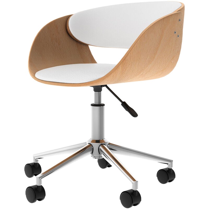 Rendez-vous Déco - Chaise de bureau pivotante sur roulettes en bois et pu blanc - adelmar