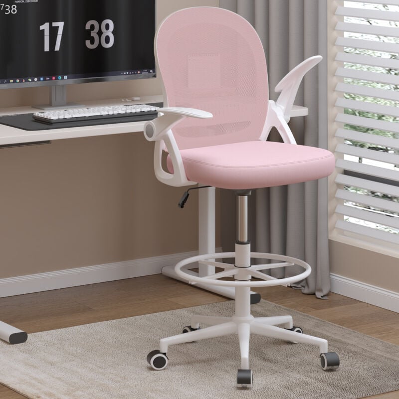 Chaise de Bureau assise haute, avec Repose-Pieds Soutien Lombaire et Accoudoir Relevable, Rose Wowttrelax