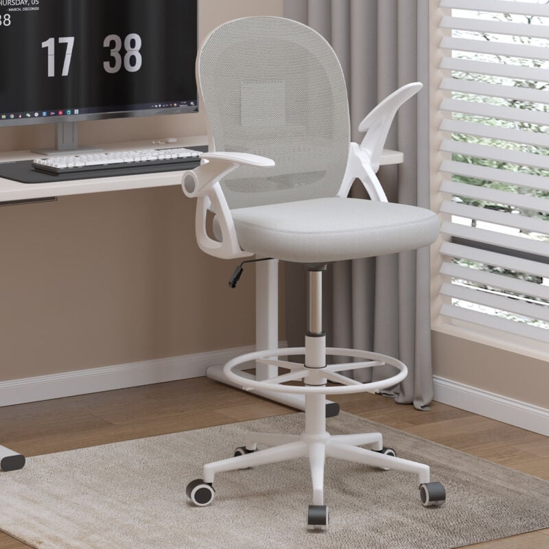 Chaise de Bureau assise haute, avec Repose-Pieds Soutien Lombaire et Accoudoir Relevable, Gris Wowttrelax