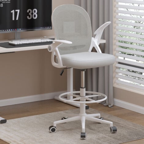Chaise de Bureau assise haute, avec Repose-Pieds Soutien Lombaire et Accoudoir Relevable, Gris - WOWTTRELAX