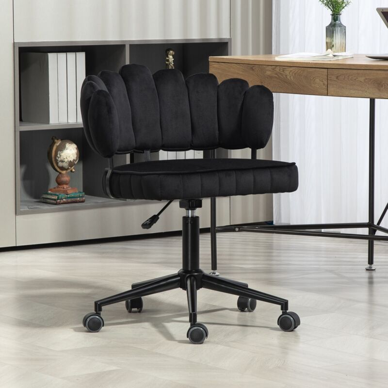 Chaise de Bureau, avec 5 roulettes, capitonné en velours, dossier forme de pétale, réglable en hauteur, pivotant 360°, design ergonomique - Noir
