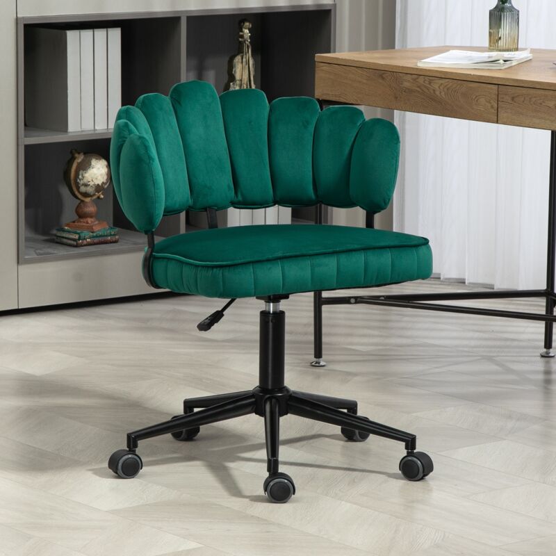 Chaise de Bureau, avec 5 roulettes, capitonné en velours, dossier forme de pétale, réglable en hauteur, pivotant 360°, design ergonomique - Vert