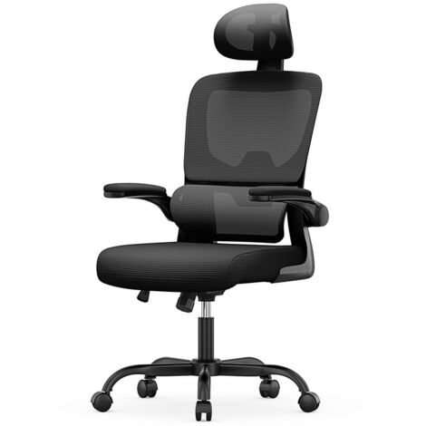 Chaise de bureau, avec accoudoirs et appui-tête et support lombaire, Hauteur Réglable, à Roulettes 360, Noir