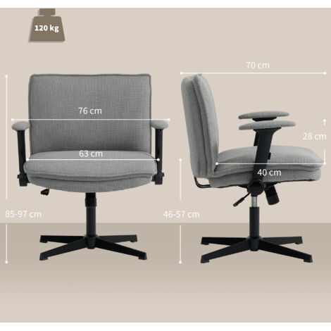 Chaise de bureau avec accoudoirs relevables, chaise de bureau large aspect lin, réglable en hauteur, piètement en acier, grise