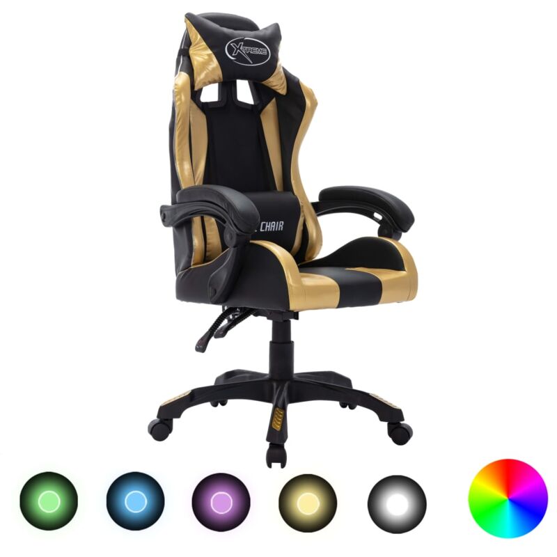 Chaise de bureau ergonomique, Fauteuil gamer, Fauteuil de jeux vidéo avec led rvb Doré et noir Similicuir, ASAF49836 design in