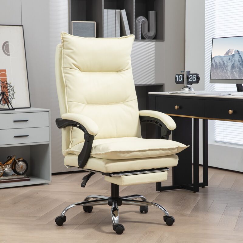 Chaise de bureau avec repose-pieds, chaise de bureau ergonomique, réglable en hauteur, dossier inclinable, convient pour bureau, étude, Beige