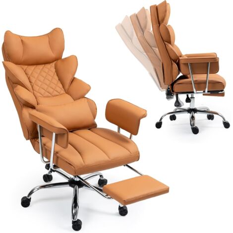 Chaise de bureau avec repose-pieds - Chaise ergonomique de jeu et de direction avec rotation à 360°, dossier réglable de 90° à 135° et accoudoirs souples pour un confort maximal (Marron)