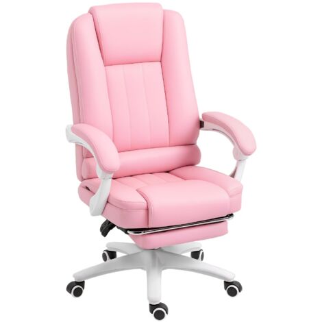 Chaise de bureau avec repose-pieds, dossier réglable, hauteur réglable, 5 roulettes, rose et blanc