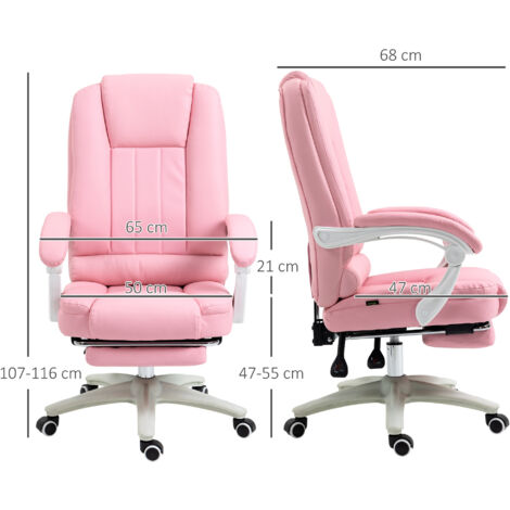 Chaise de bureau avec repose-pieds, dossier réglable, hauteur réglable, 5 roulettes, rose et blanc