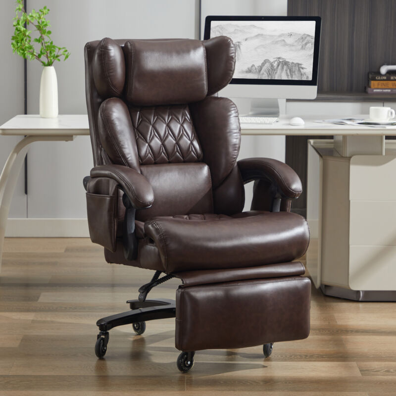 Chaise de bureau avec rotation à 360°, Fauteuil relax, fonctions de massage et de chauffage, repose-pieds, dossier réglable, en PU, marron