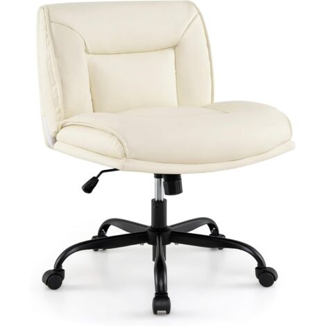 Chaise de Bureau avec Roues, sans Accoudoirs en Cuir Artificiel, Dossier et Assise Large, Hauteur Réglable, Chaise Tournante à 360° , Beige