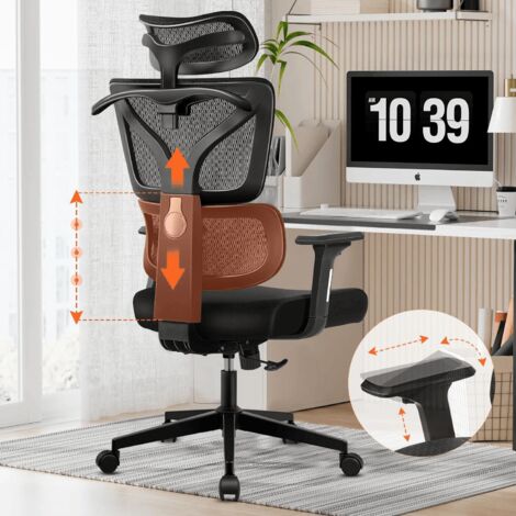 Chaise de bureau, chaise de bureau ergonomique à dossier haut, chaise de bureau haute, accoudoirs 3D, support lombaire réglable avec appui-tête, Noir Felixking