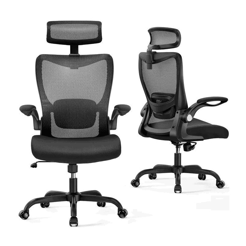 Chaise de Bureau Ergonomique, 53 x 58 x (120-138 cm), Réglable avec Support Lombaire, Hauteur Réglable, 360°Pivotant, Maille Respirante, Noir,HUANUO