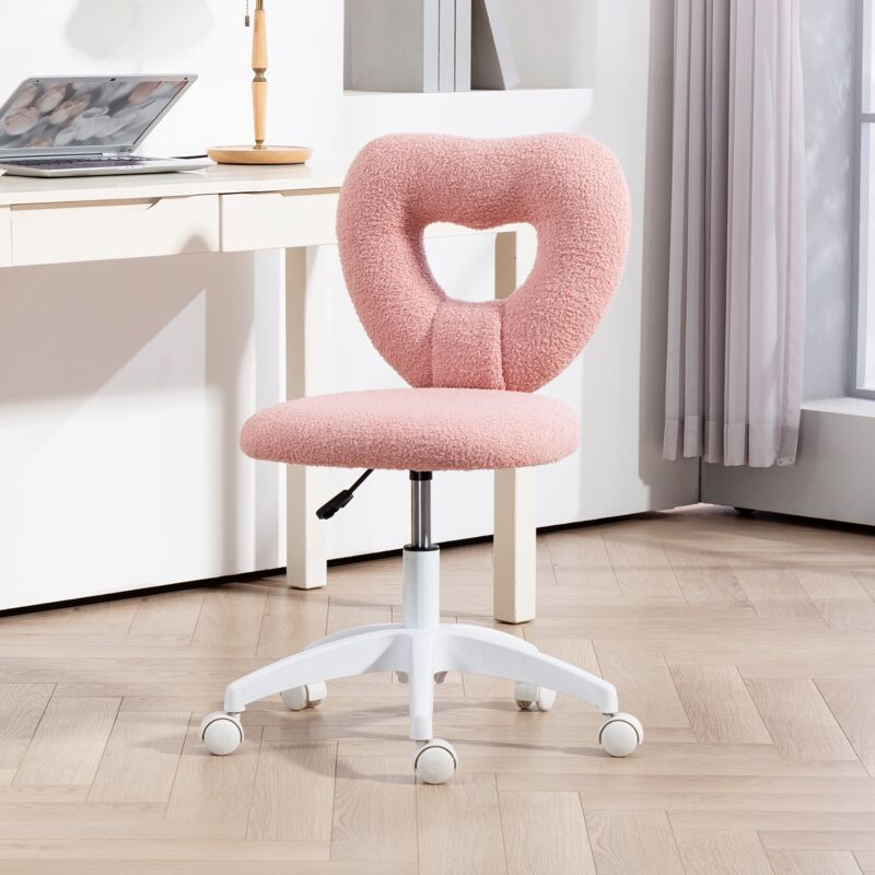 Chaise de bureau, chaise de bureau pivotante avec dossier en forme de cœur, sans accoudoirs, chaise de coiffeuse en laine teddy réglable en hauteur