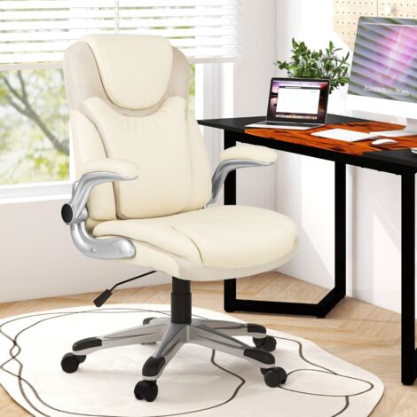 Chaise de Bureau de Direction en Cuir Pu à Bascule Hauteur Réglable Chaise de Travail Ergonomique avec Accoudoirs Rabattables Blanc CW59124