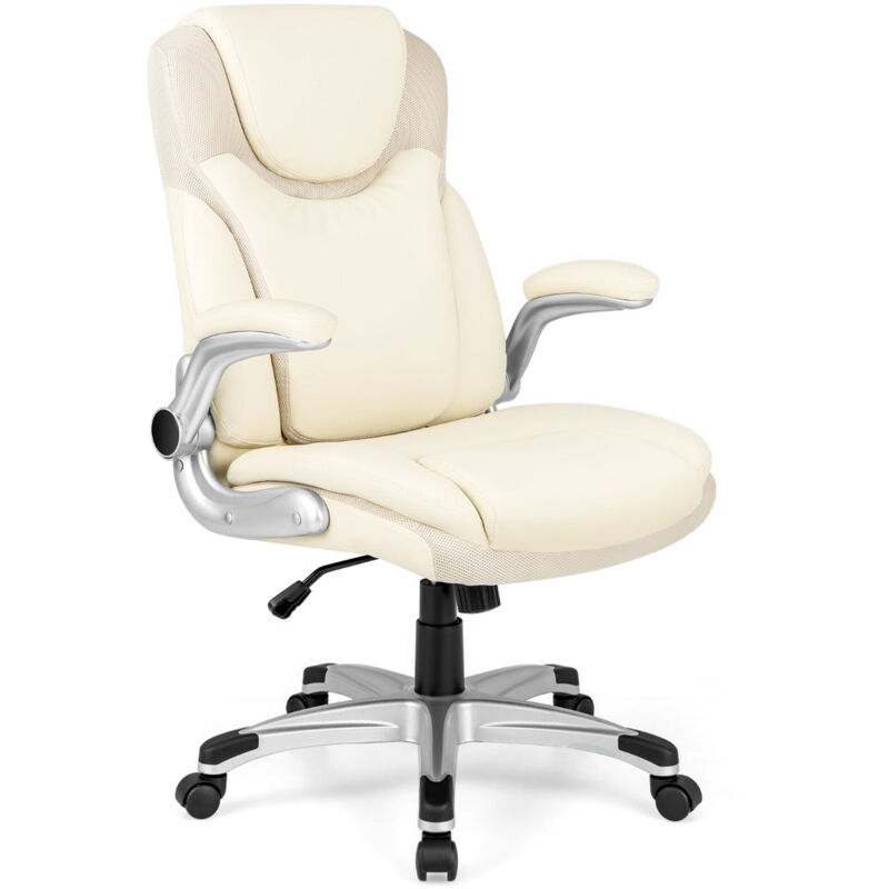 Chaise de bureau de direction en cuir pu à bascule hauteur réglable chaise de travail ergonomique avec accoudoirs rabattables pivotante à 360° blanc