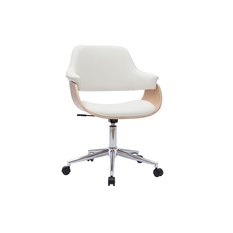 Miliboo - Chaise de bureau à roulettes design blanc, bois clair et acier chromé hansen