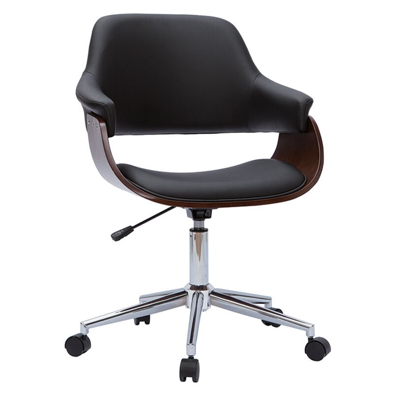 Chaise de bureau à roulettes design noir, bois foncé noyer et acier chromé hansen