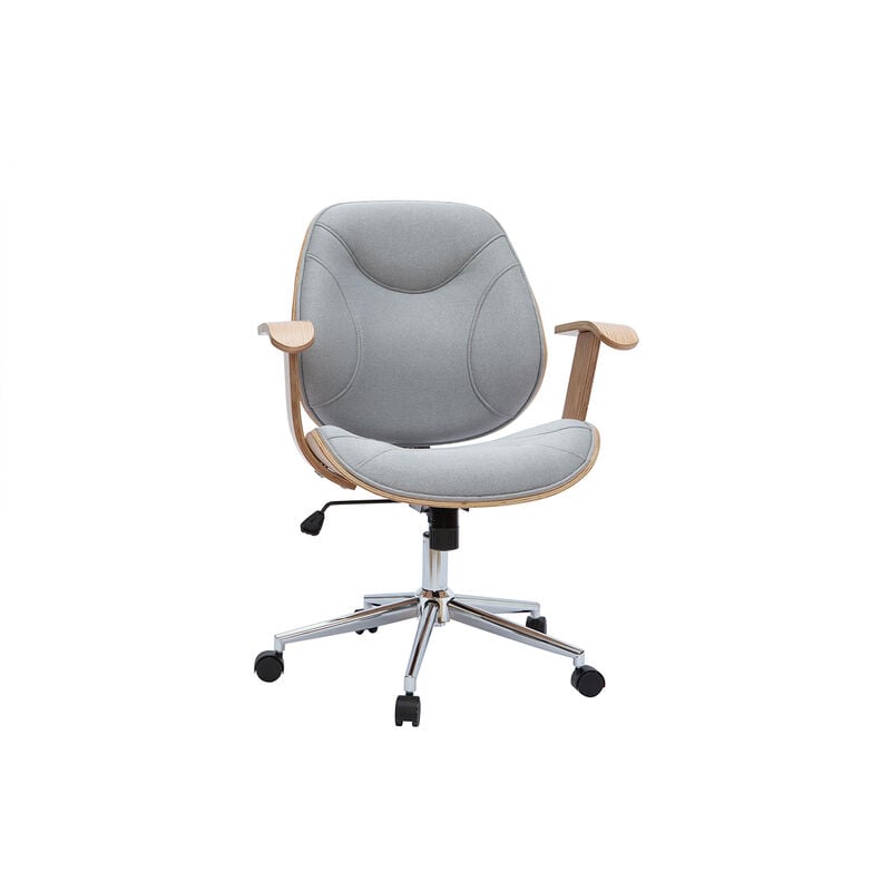 Chaise de bureau à roulettes design en tissu gris clair, bois clair et acier chromé yorke